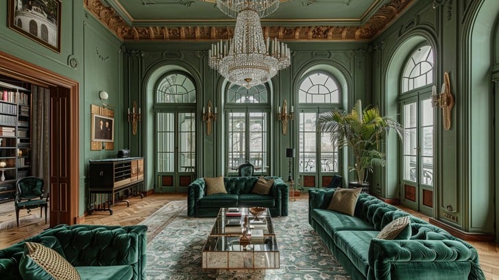 A green living room with crystal chandelier and windows and sofa and table