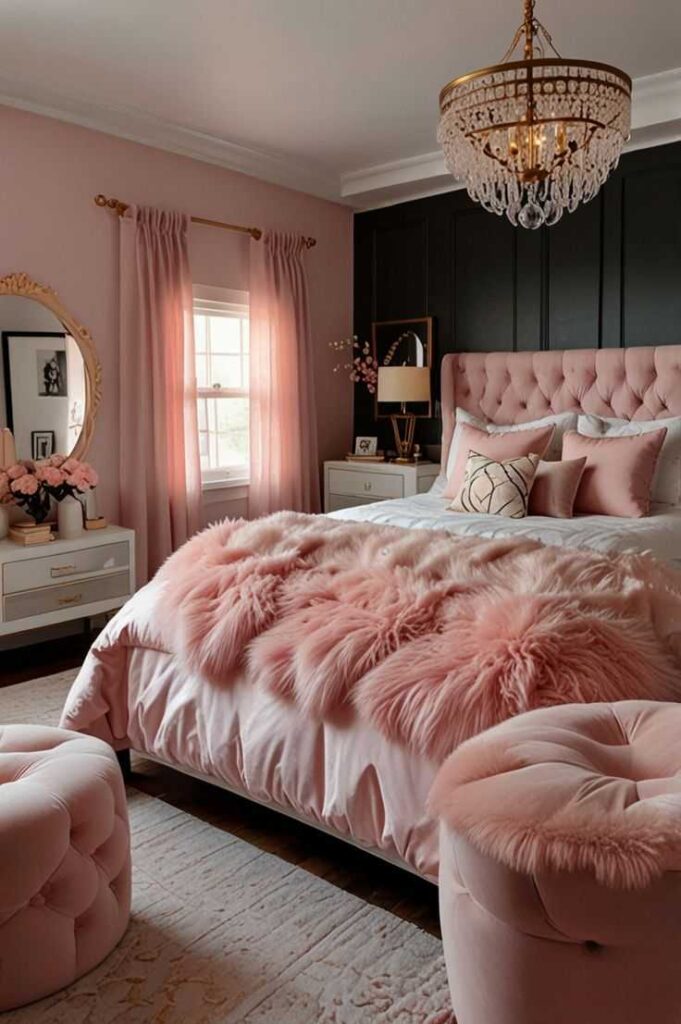 A pink and green living room with bed and cushions and crystal chandelier 