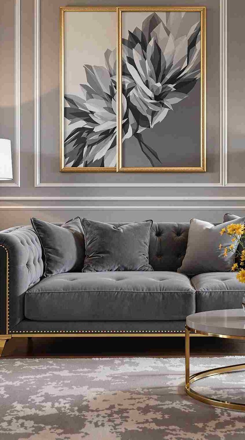 A grey sofa with gold accents and gold framed painting on the wall