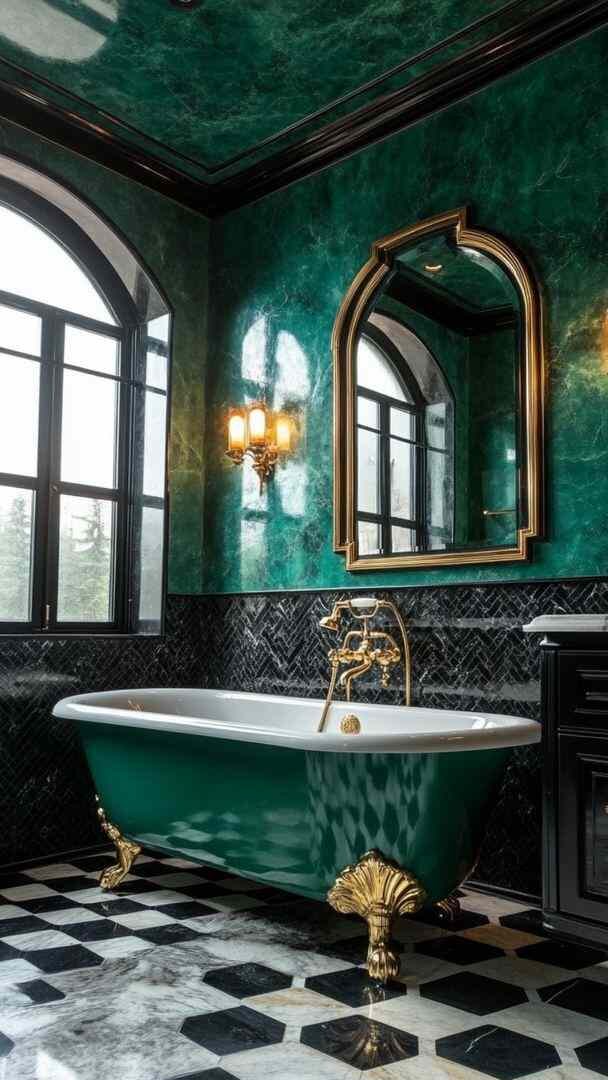 A green bathroom with dark green tub with gold clawfoot with mirror on the wall 