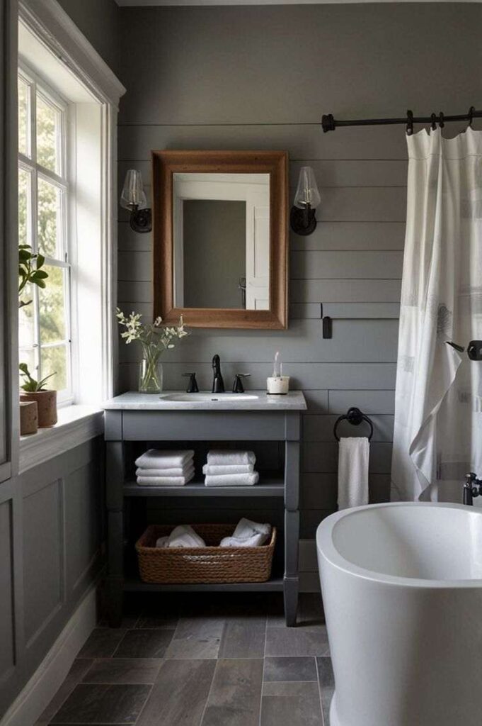 A grey bathroom with gold framed mirror on wall and white sink and white curtains with black rod 