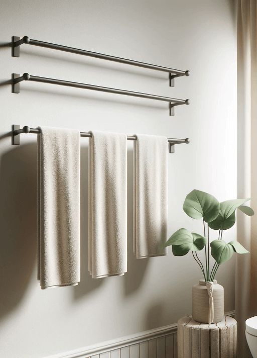 A grey towel hang on white wall