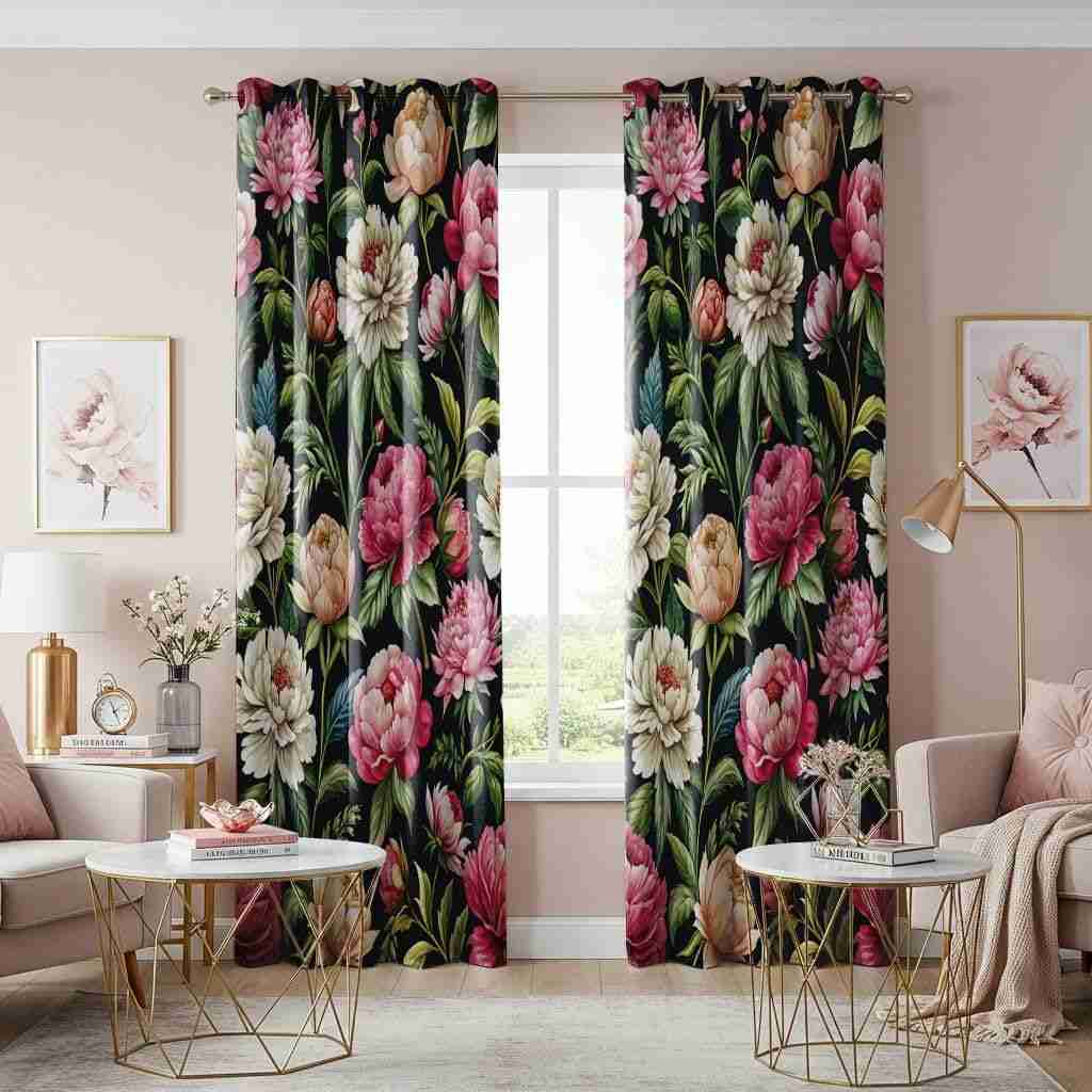 A pink room with floral green curtain and table in the room