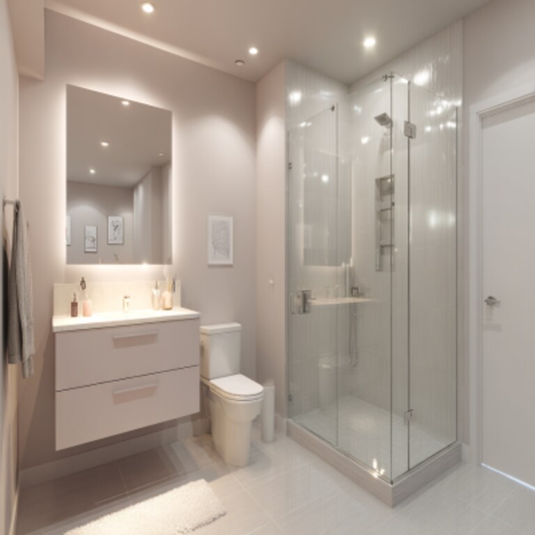 A glass cabinet with wall and mirror on the wall 