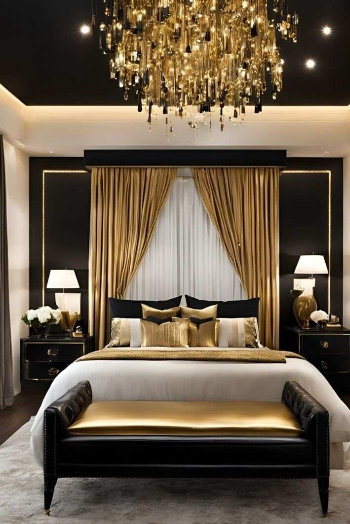 Gold Light Fixture on black and gold bedroom