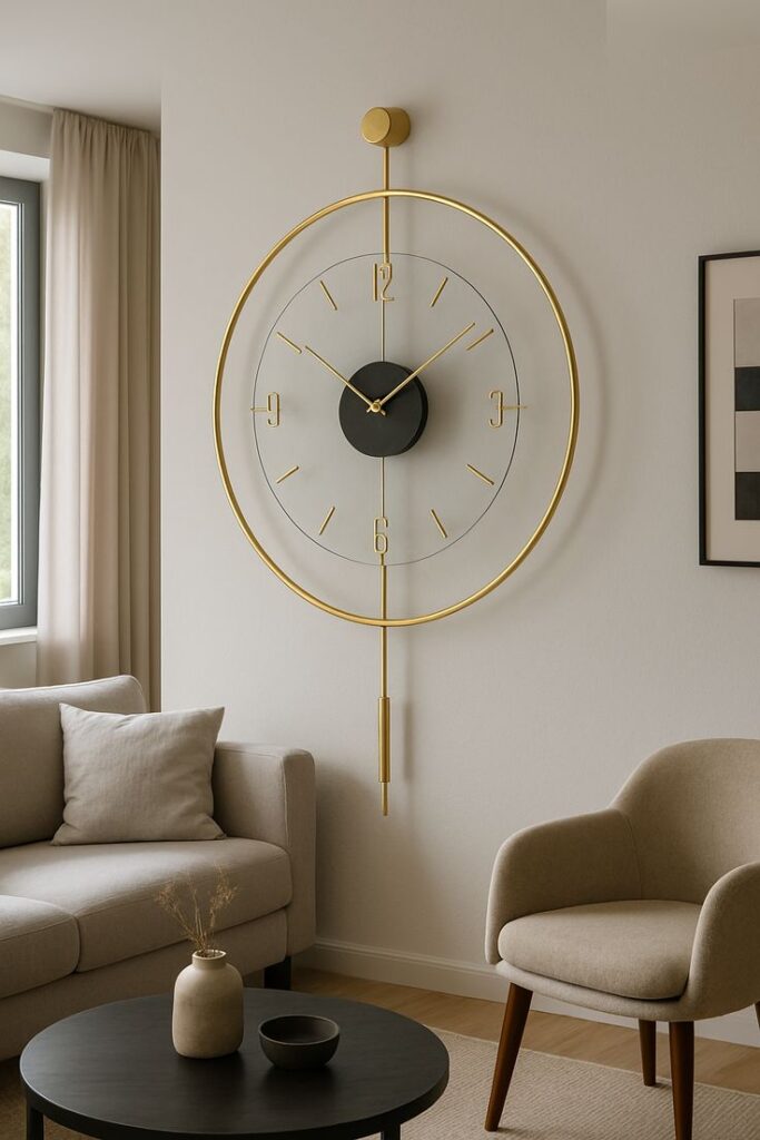 A pink wall and gold watch on it and chair and table 