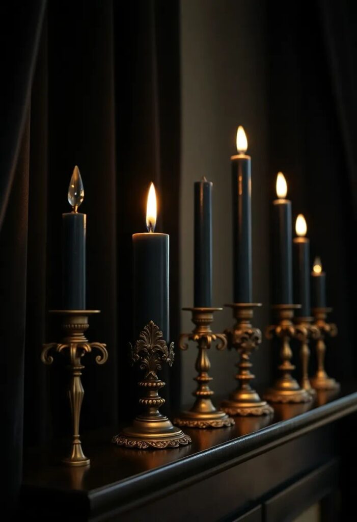 A black bedroom with gold stand candle