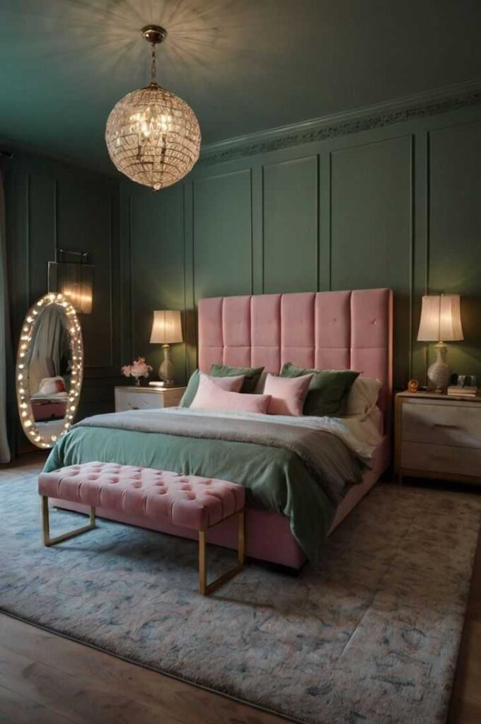 A green bedroom with pink bed and green blanket with pink and green cushions 