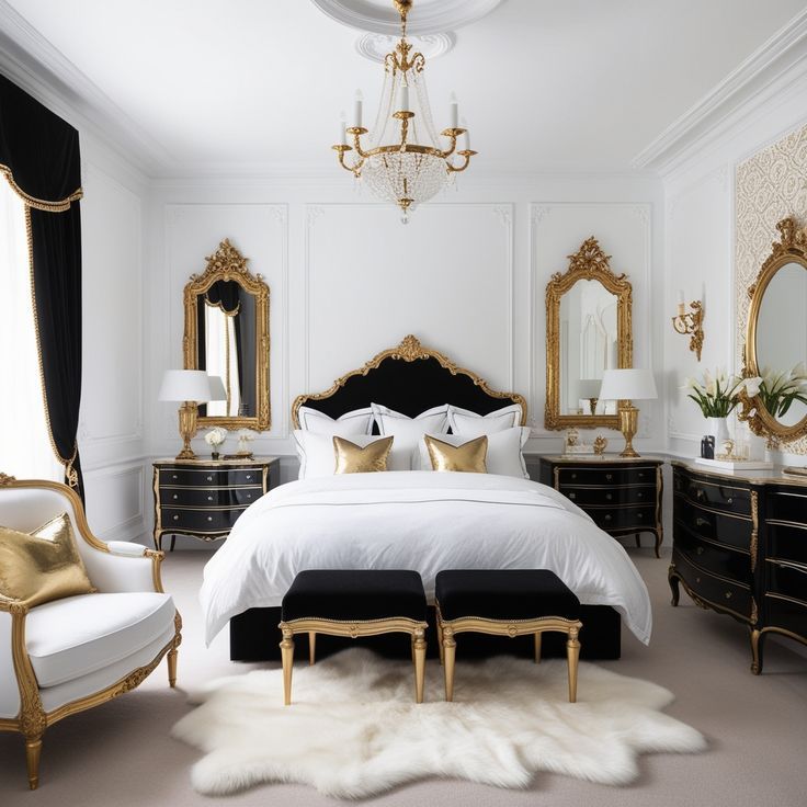 Gold framed mirror in black and white bedroom with white rug and white chair with gold trim 