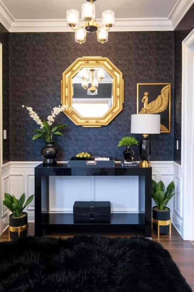 A white and black living and golden mirror on the white wall