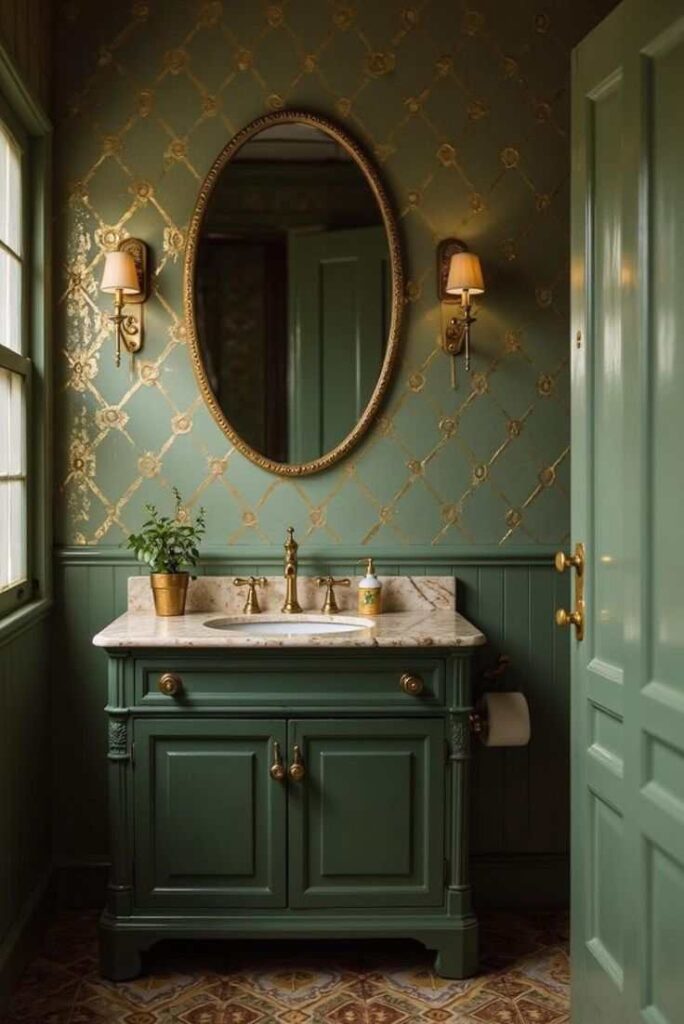 A light green bathroom with gold framed mirror with lights and dark green vanity 