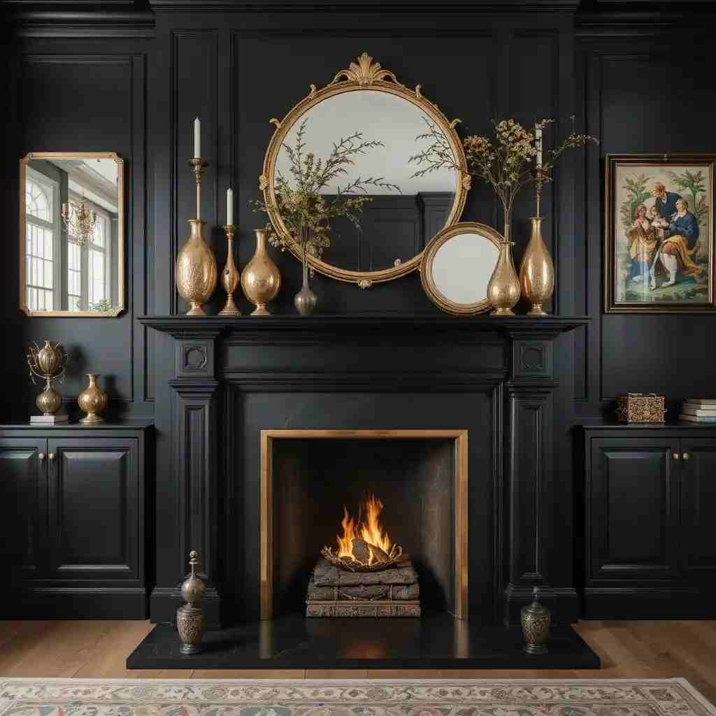 A black living room with gold fireplace and mirror on the wall