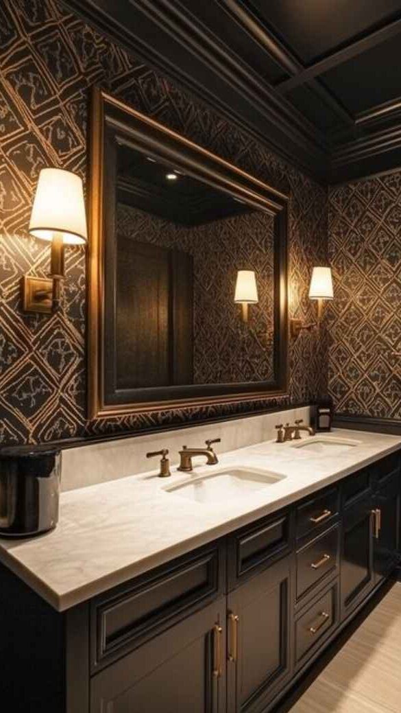 Gold pendant lamp and black vanity and gold fixture