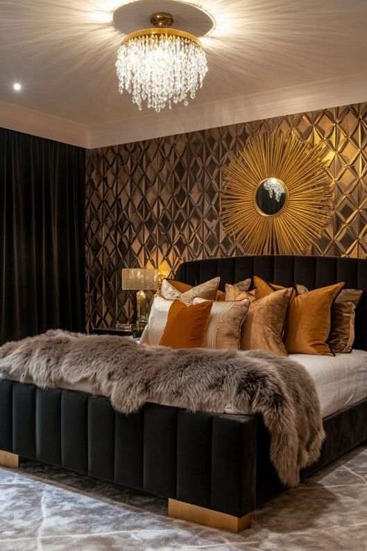 A black bedroom with gold tufted headboards