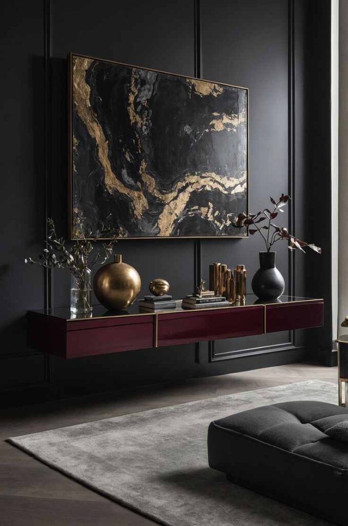 Gold vases in black living room and gola and black painting on the wall
