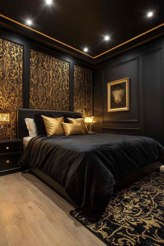 A black bedroom with gold art wall and black bed with gold pillow and golden framed frames