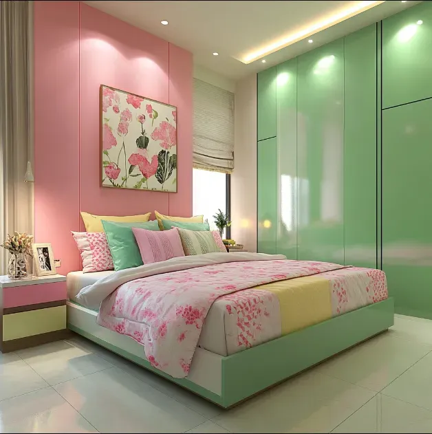 A pink and green bedroom with side table and windows 
