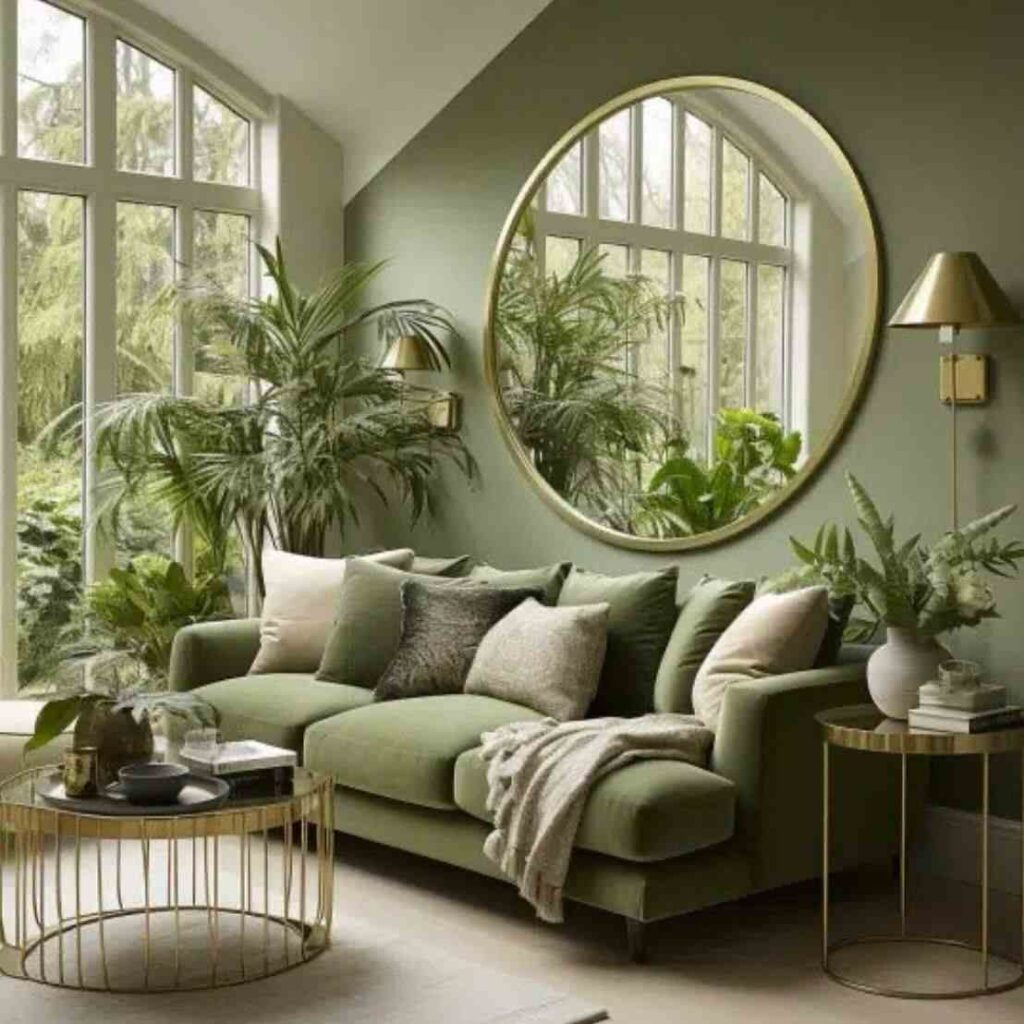 A sage green living room with sofa and cushion and mirror on the wall