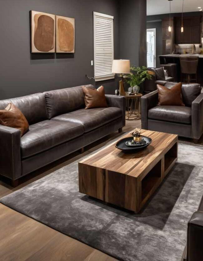 A living room with sofa and table grey and brown plush wool rug