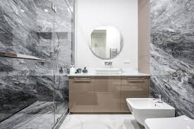 Grey and white Textured wallpaper and wooden deck mirror on the wall 