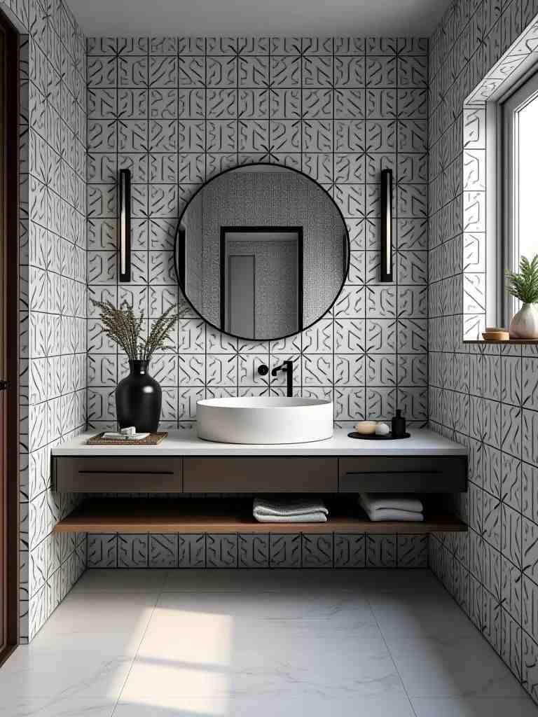 Grey and white wallpaper in bathroom and mirror on the wall 