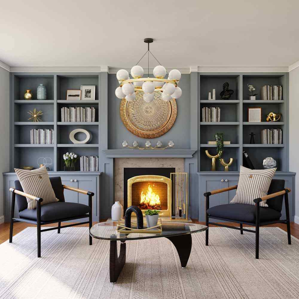 A blue living house with grey fireplace and chair add table 