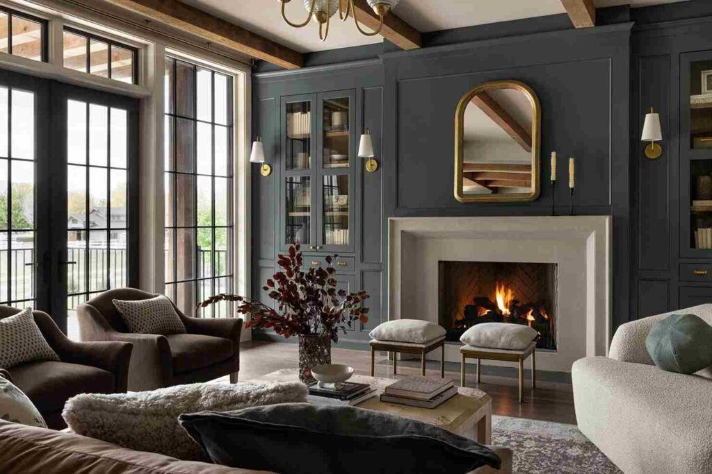 A grey fireplace on green house with sofa and mirror on the wal