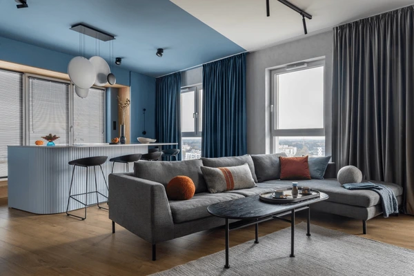 A blue living room with grey sofa and grey framed windows 