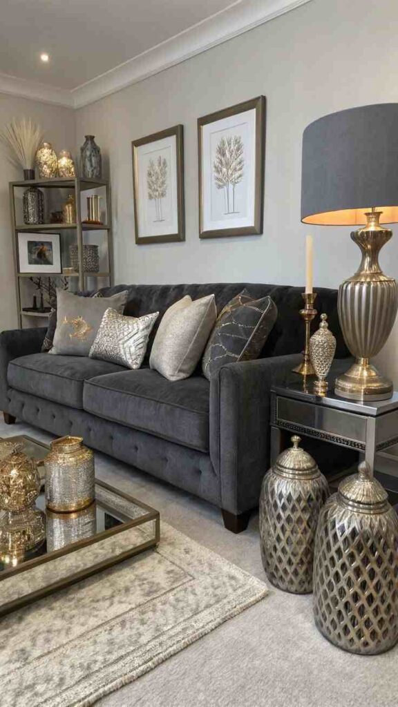 A grey living room with brown antique pieces and sofa and cushion