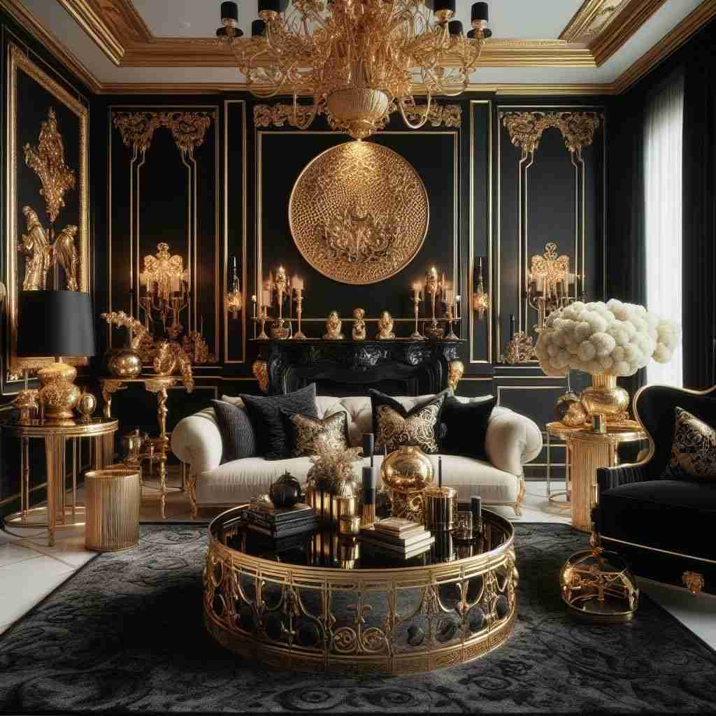 A black and gold living and round glass windows and and white sofa and cushion