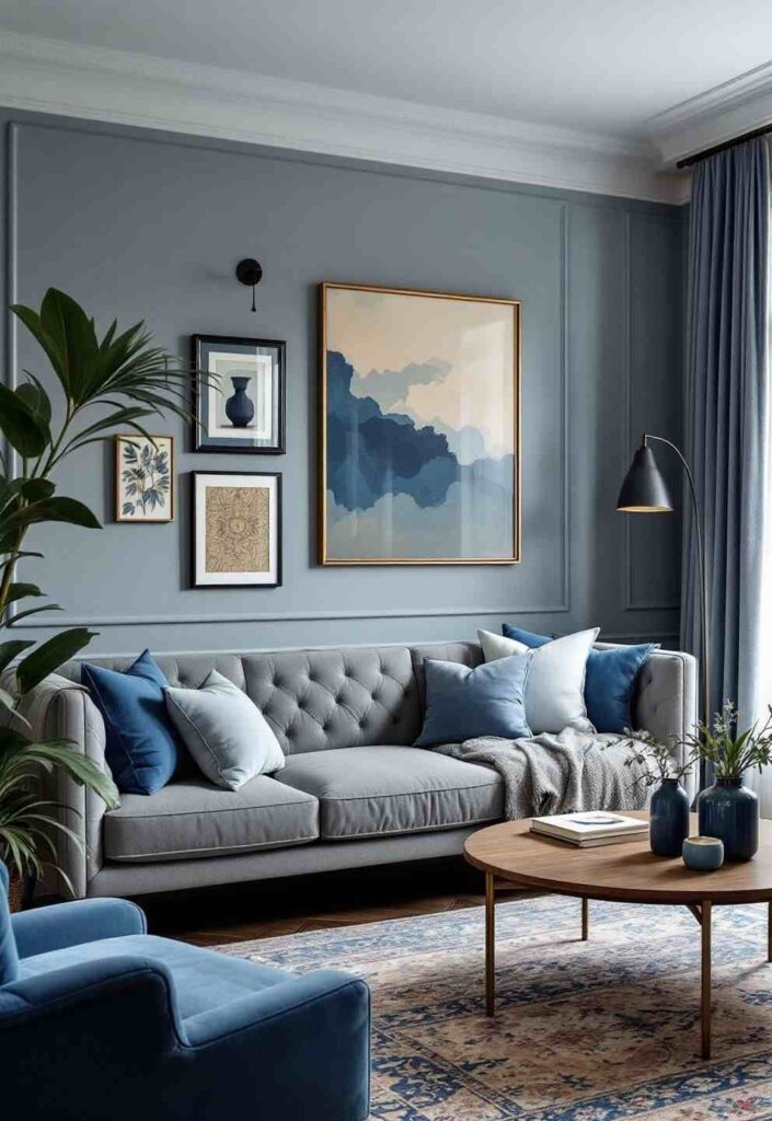 A blue living room with sofa and cushion on it and wooden table and golden frame painting on the wall 
