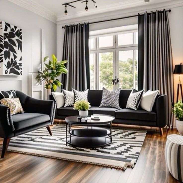 Grey-toned curtains in white and black sofa and cushions on it and mat on the floor and glass windows