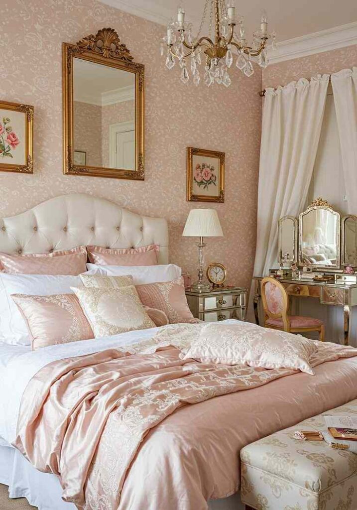 A pink bedroom with gold framed mirror 