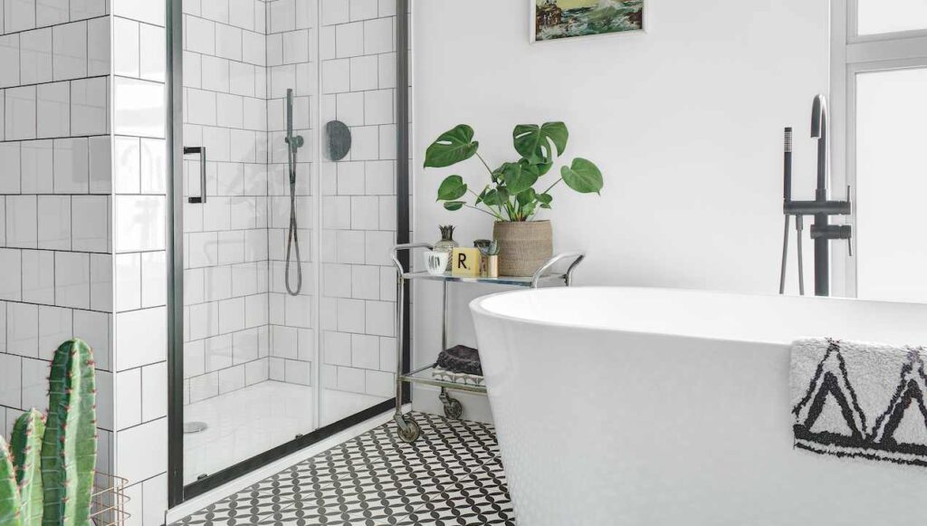 A white bathroom and bathtub and black framed door and plants