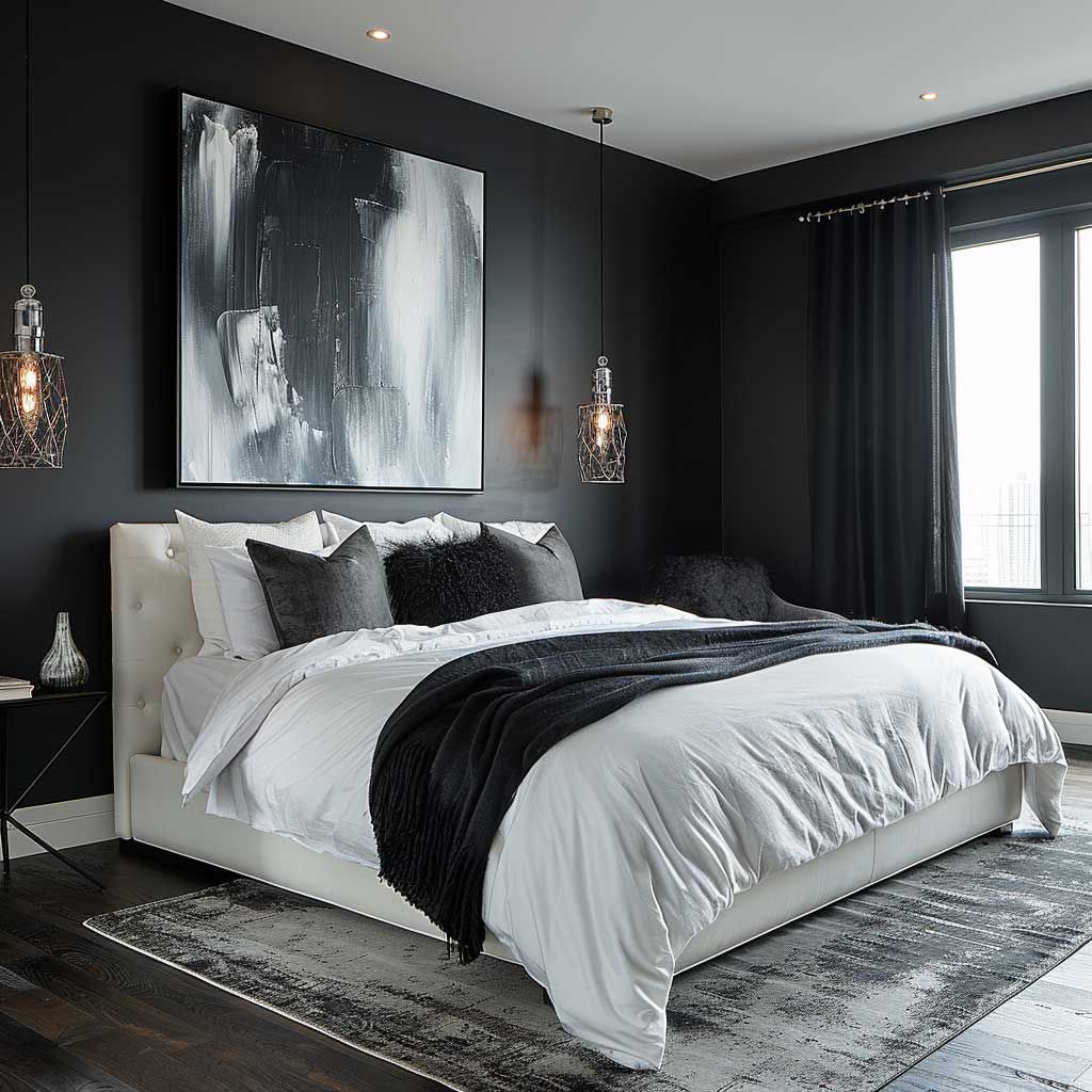 A black bedroom with glass windows and black curtains and lights on the wall 