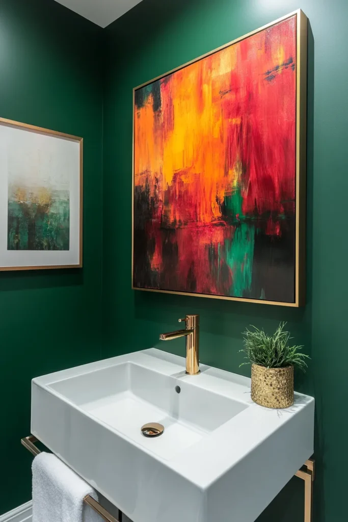 A green bathroom with gold framed painting and white sink with gold fixtures and vase on it 