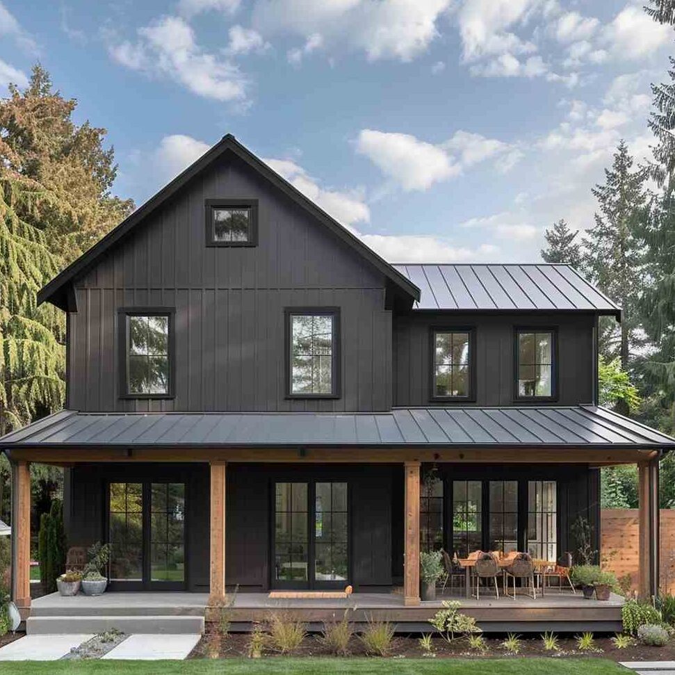 A black house with black framed windows and wooden beams and garden outside of the house