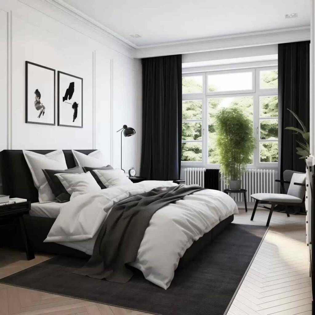 A white and black bedroom with bed and black pillow and white and plant on the windows side 
