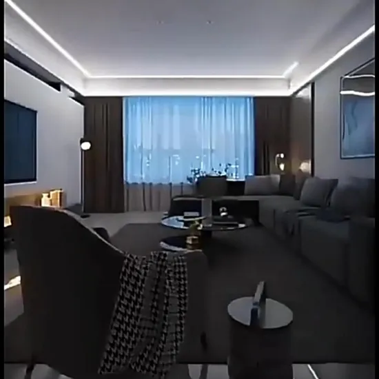 Led strip lighting in white and black room and black sofa