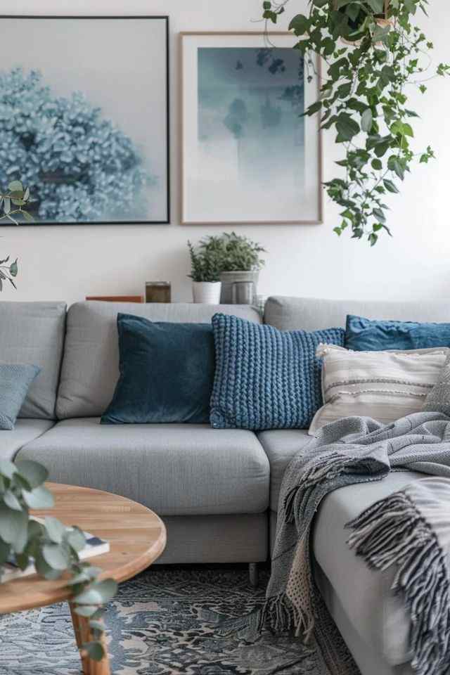 A living room with grey sofa and blue cushion and throw 