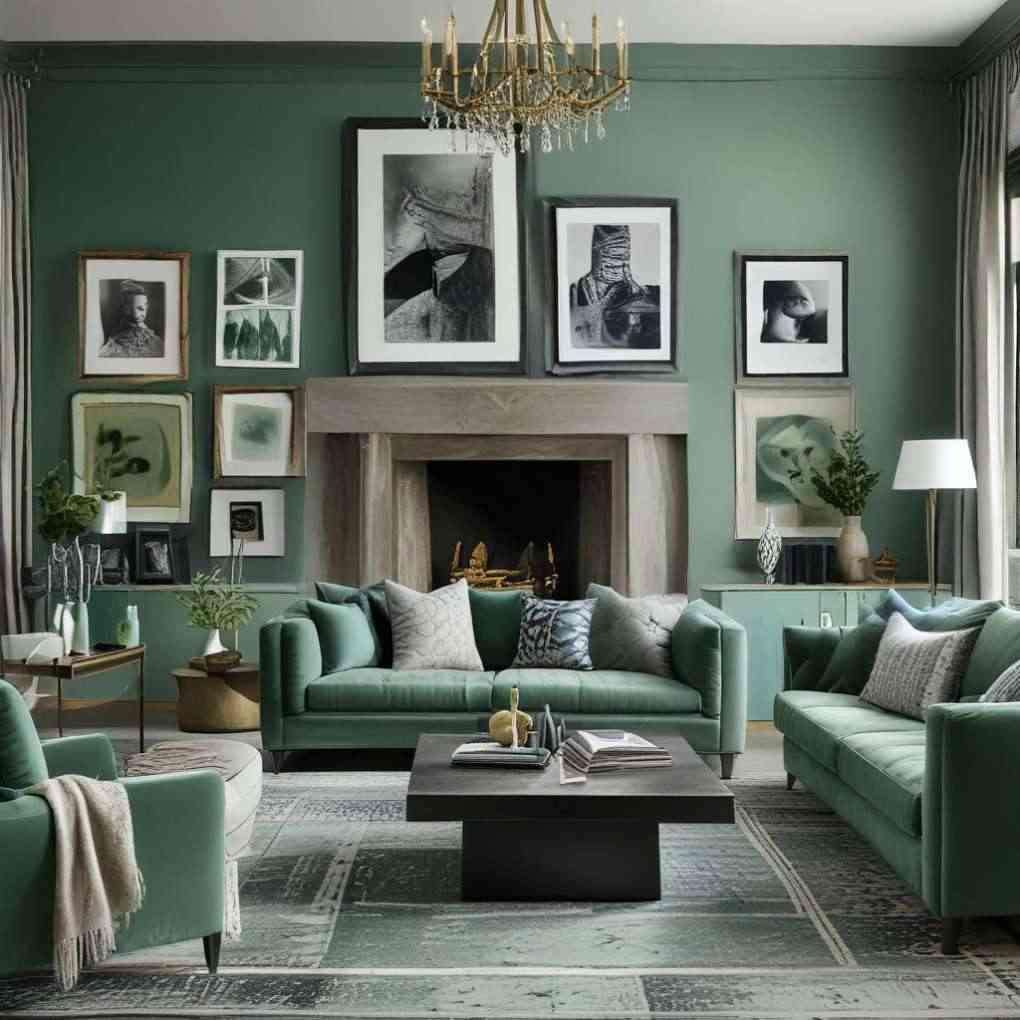 A grey and green living room and table and sofa and cushion on it