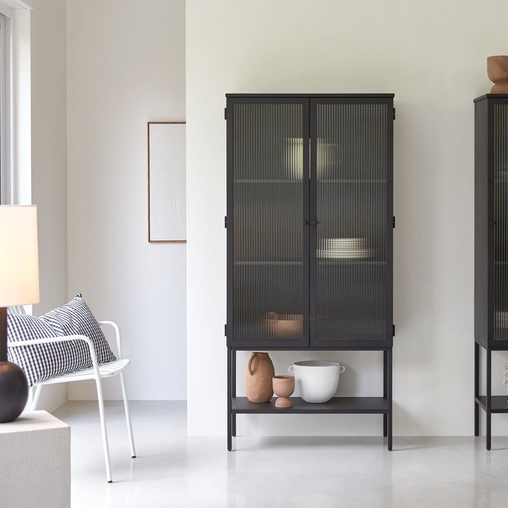 A white living room with Metal black cabinet