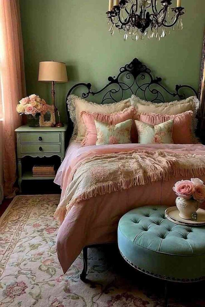 Mint green bedroom with rose pink pillows and rug and lamp on the side table 