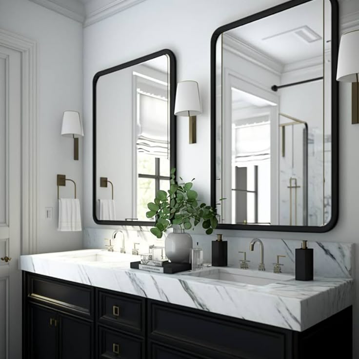 Black-framed mirrors in black and white bathroom