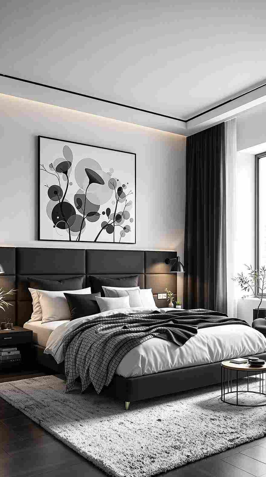 A white and black bedroom with work art on the wall and grey rug on the floor 