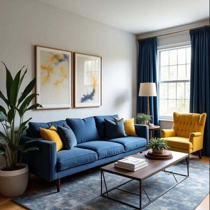 A grey living room with blue sofa with yellow accents 