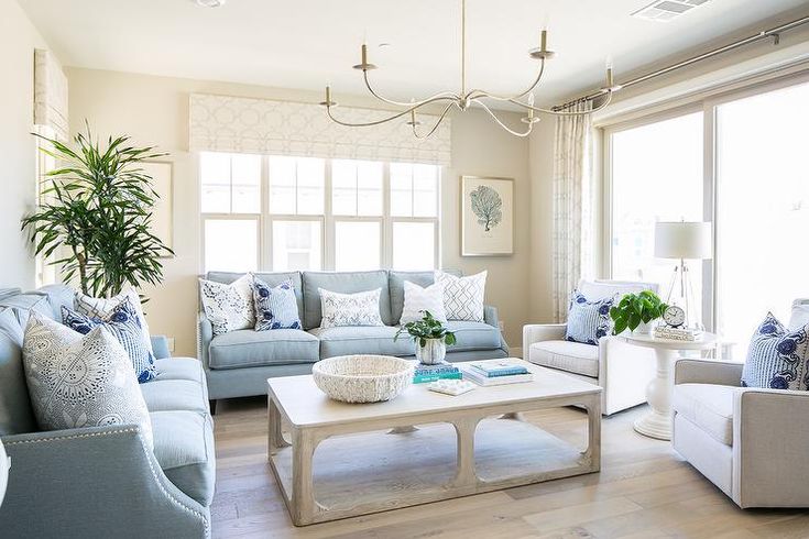 A blue sofa and table in white living room