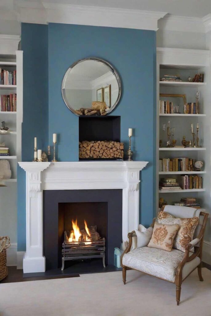 A blue and white living room and a grey fireplace