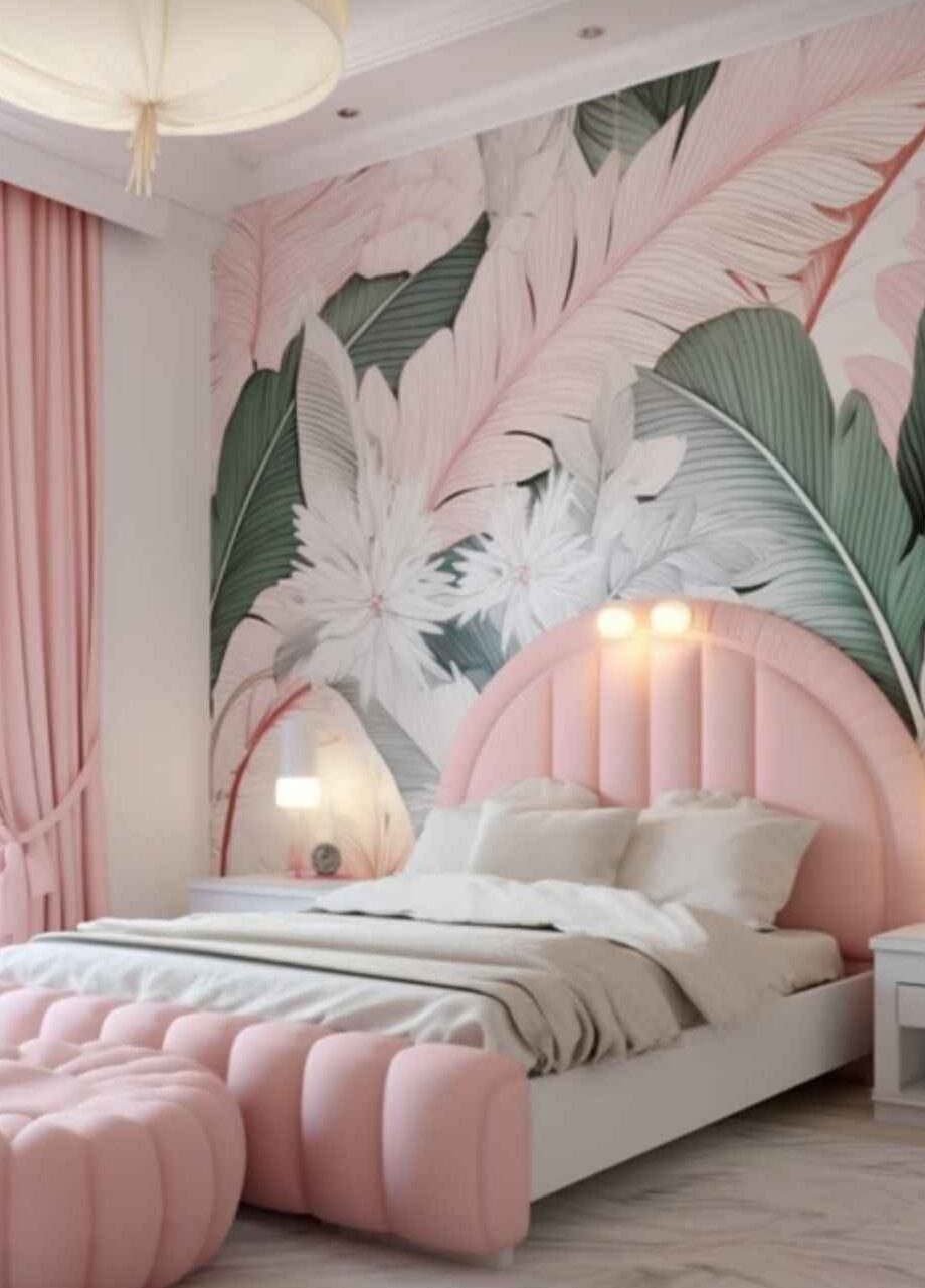A pink bedroom with Palm leaves wallpaper and lights on the bed 