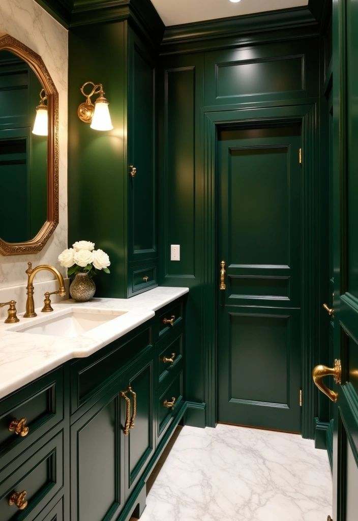 A green bathroom with vanity and  white countertop with gold fixtures and light 